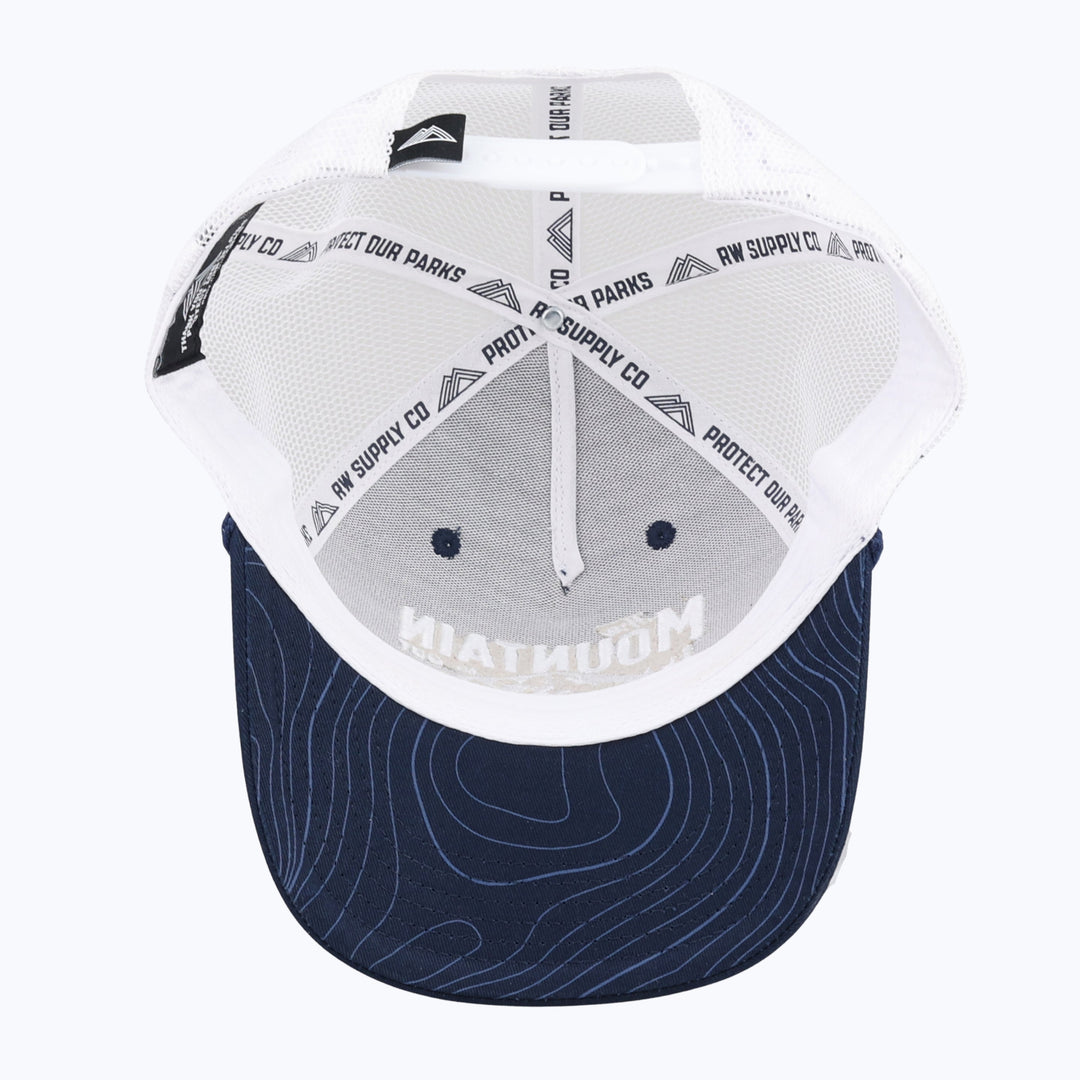 The Mountain Is Out Rope Trucker Snapback Cap - Navy/White