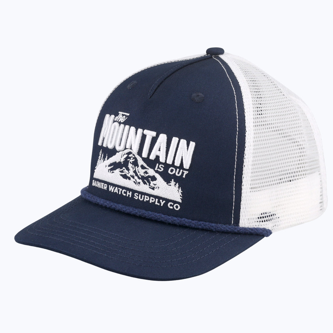 The Mountain Is Out Rope Trucker Snapback Cap - Navy/White